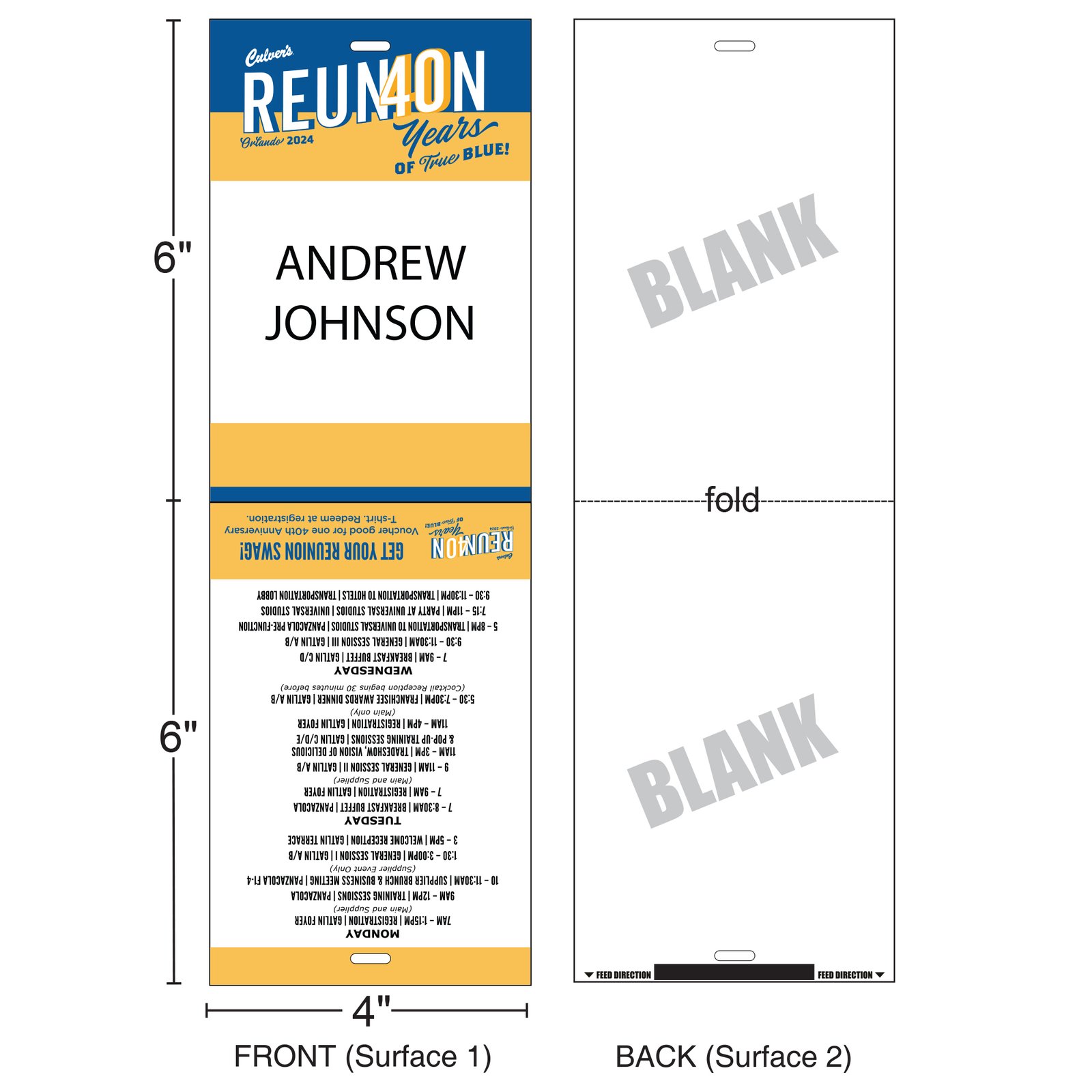 The 4" x 6" Standard Custom Badge with two colors, a single clip, and two-sided design offers secure attachment with a vibrant, double-sided display.