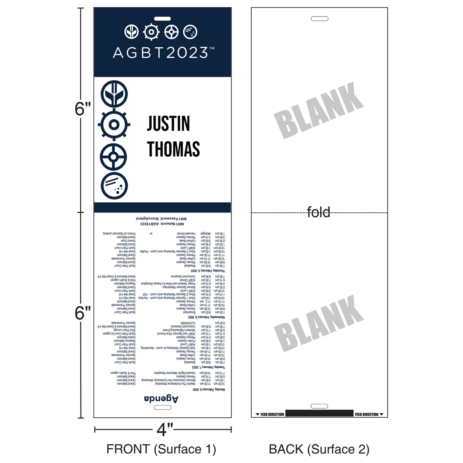 The 4" x 6" Standard Custom Badge with one color, a single clip, and two-sided design combines secure attachment with increased visibility.