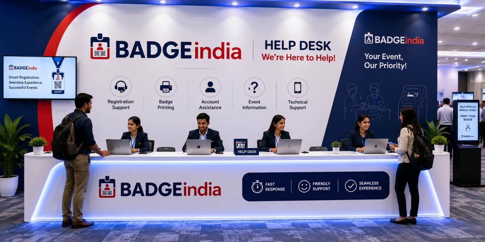 BADGEindia Event Registration Platform showing step-by-step event registration workflow including online registration, attendee management, QR code check-in, badge printing, real-time analytics, and event management software for conferences, exhibitions, trade shows, and corporate events in India.