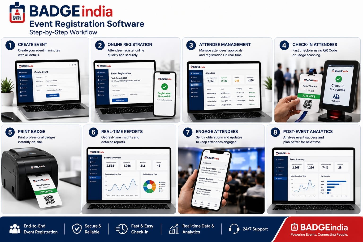 BADGEindia Event Registration Platform showing step-by-step event registration workflow including online registration, attendee management, QR code check-in, badge printing, real-time analytics, and event management software for conferences, exhibitions, trade shows, and corporate events in India.