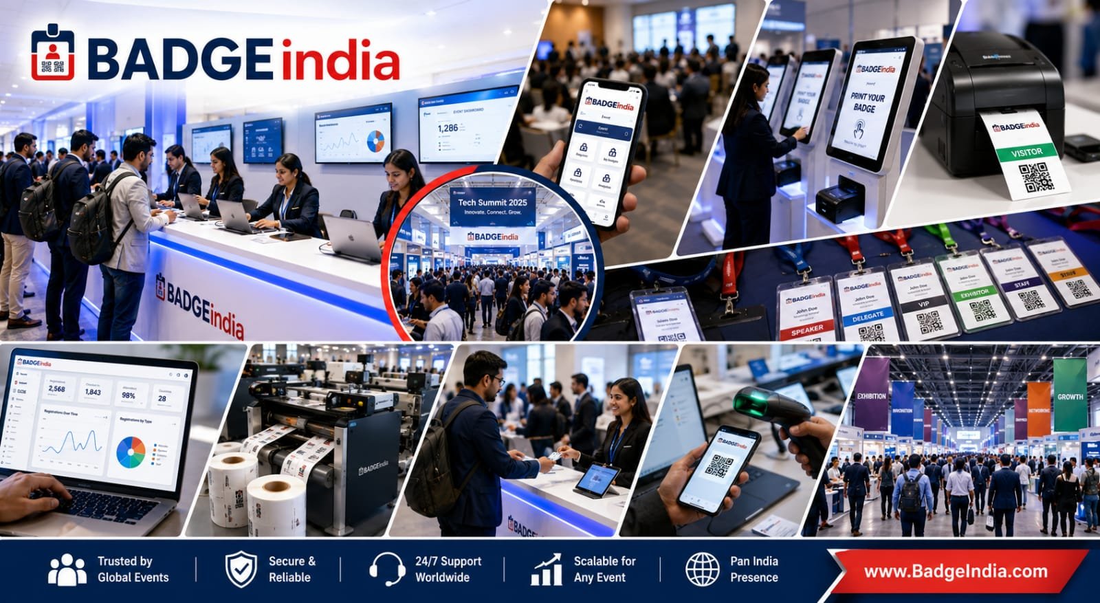 BADGEindia Event Registration Platform showing step-by-step event registration workflow including online registration, attendee management, QR code check-in, badge printing, real-time analytics, and event management software for conferences, exhibitions, trade shows, and corporate events in India.